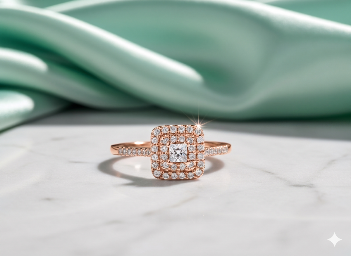 Princess Cut Diamond Double Halo Pavé Engagement Ring