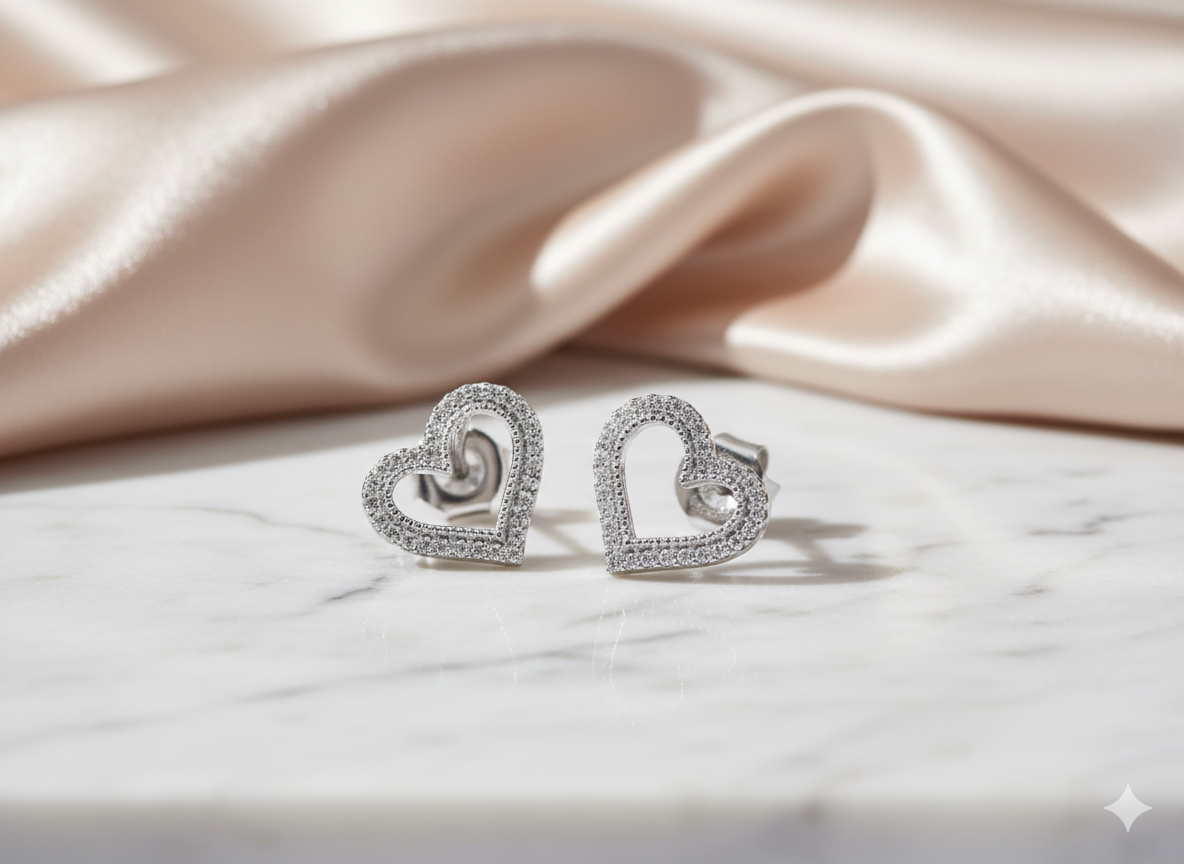 Double Row Open Heart Diamond Stud Earrings
