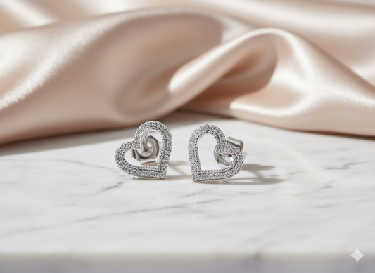 Double Row Open Heart Diamond Stud Earrings