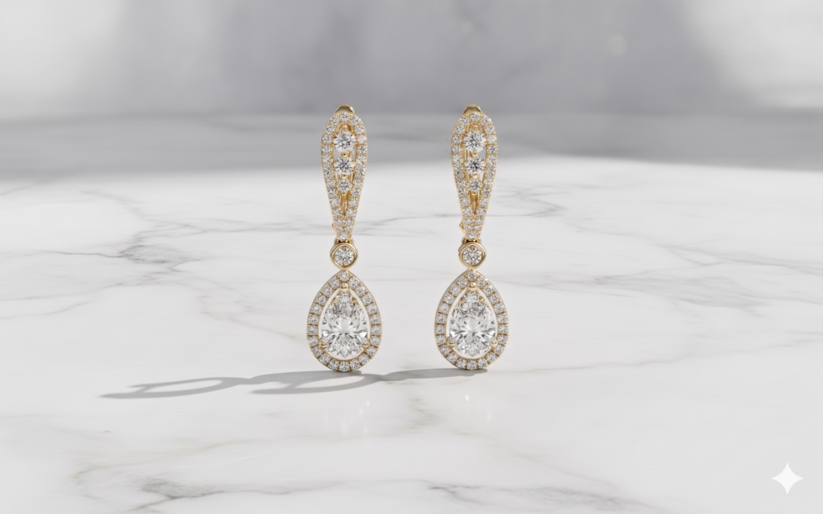 Pear Cut Teardrop Diamond Halo Linear Drop Earrings