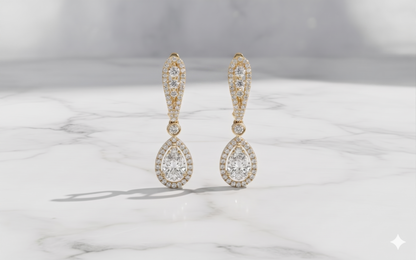 Pear Cut Teardrop Diamond Halo Linear Drop Earrings