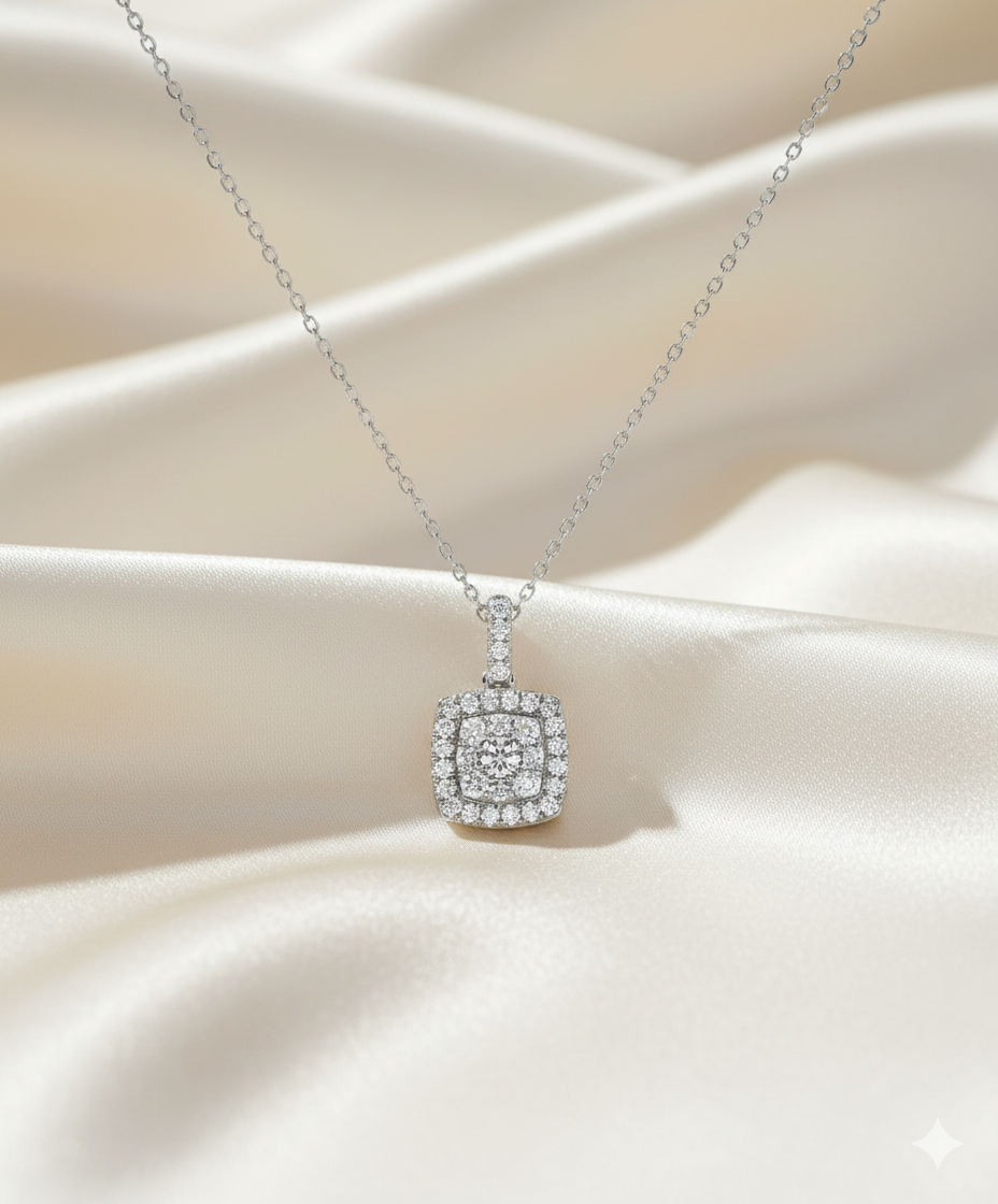 Cushion Double Halo Pavé Diamond Pendant Necklace