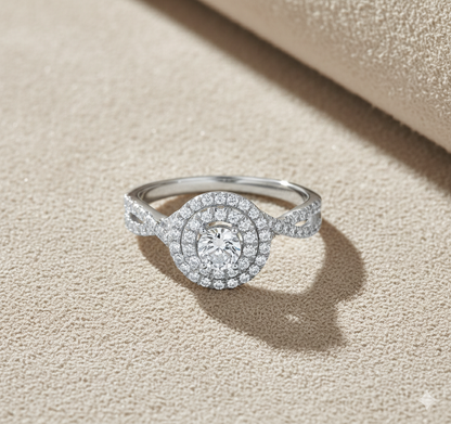 Round Brilliant Cut Diamond Double Halo Twisted Shank Engagement Ring