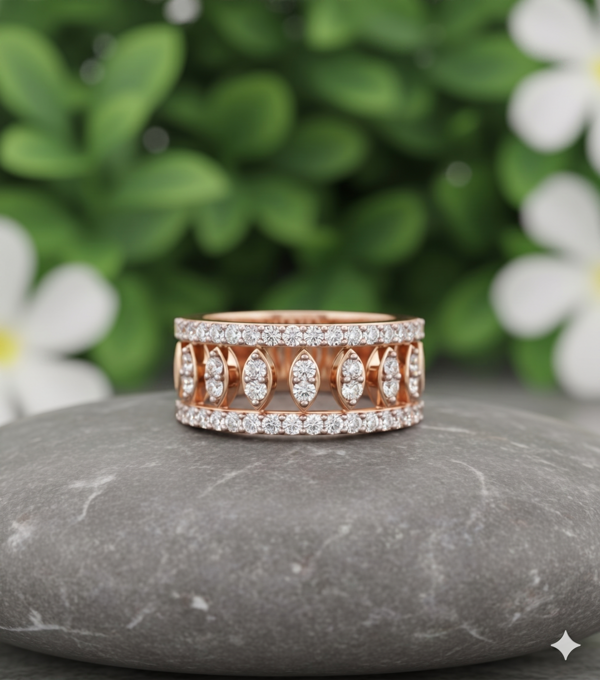 Wide Openwork Multi-Row Marquise Cluster and Pavé Diamond Statement Cigar Band Ring