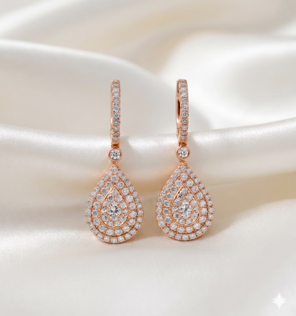 Double Halo Pear Diamond Drop Earrings