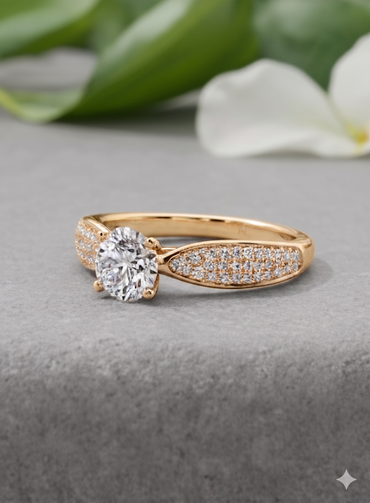 Round Brilliant Cut Diamond Pavé Dome Tapered Engagement Ring