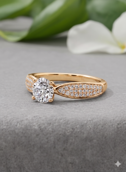 Round Brilliant Cut Diamond Pavé Dome Tapered Engagement Ring