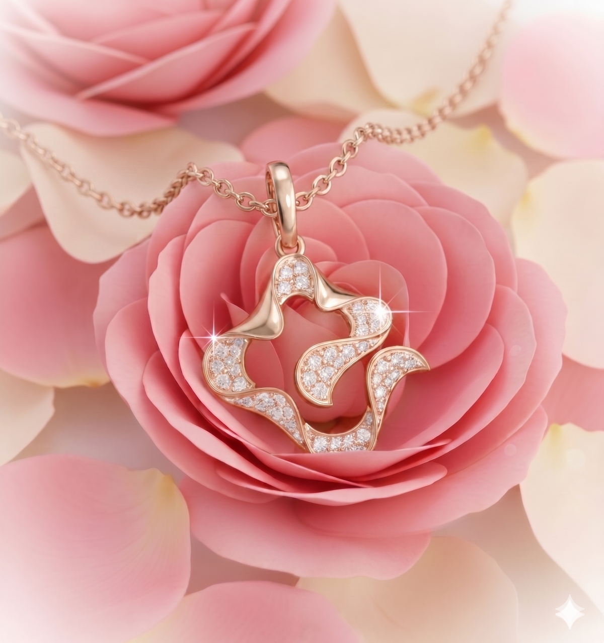Abstract Wavy Star Floral Openwork Diamond Pendant Necklace