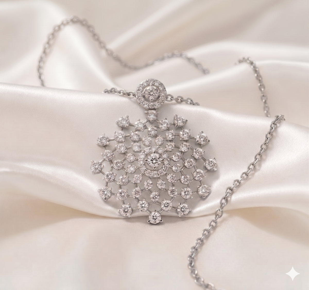 Snowflake Sunburst Cluster Diamond Mandala Statement Pendant Necklace