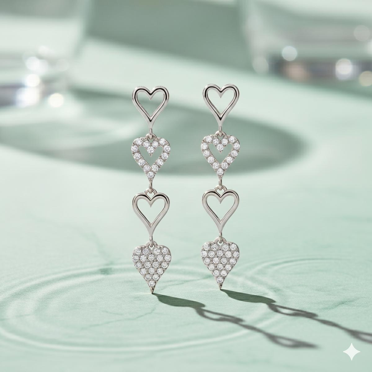 Multi Heart Diamond Linear Drop Earrings