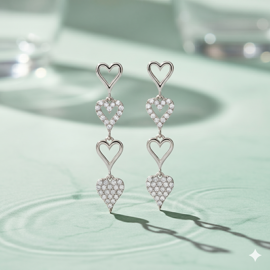 Multi Heart Diamond Linear Drop Earrings