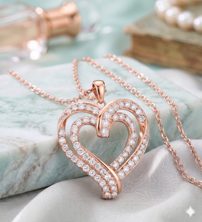 Interlocking Double Layer Pavé Diamond Ribbon Heart Pendant Necklace