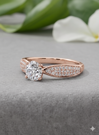 Round Brilliant Cut Diamond Pavé Dome Tapered Engagement Ring