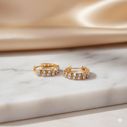 Gold Twisted Cable Diamond Huggie Hoop Earrings
