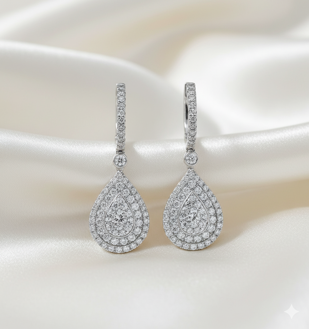 Double Halo Pear Diamond Drop Earrings