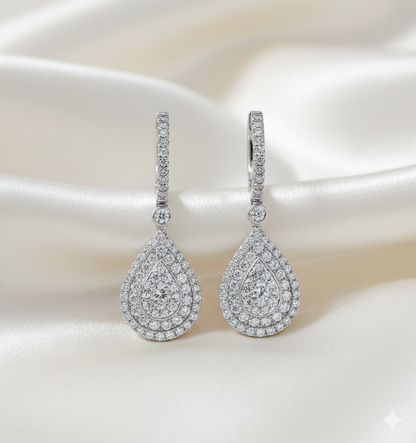 Double Halo Pear Diamond Drop Earrings