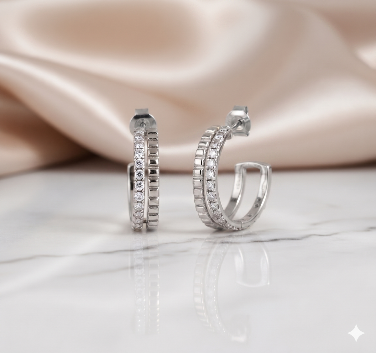 Ribbed Dual Row Diamond J-Hoop Stud Earrings
