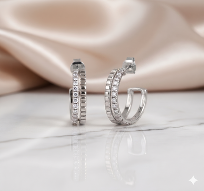 Ribbed Dual Row Diamond J-Hoop Stud Earrings