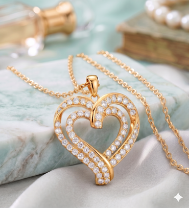 Interlocking Double Layer Pavé Diamond Ribbon Heart Pendant Necklace