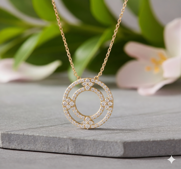 Concentric Double Circle Floral Cluster Openwork Diamond Pendant Necklace