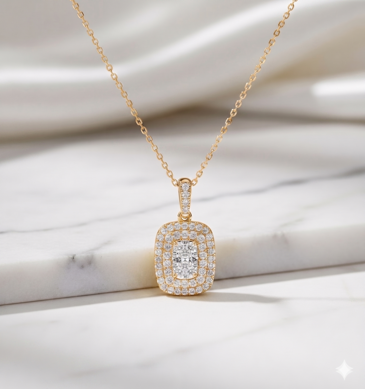 Illusion Cushion Double Halo Pavé Diamond Pendant Necklace