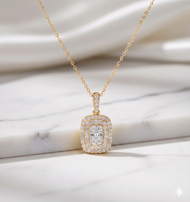 Illusion Cushion Double Halo Pavé Diamond Pendant Necklace