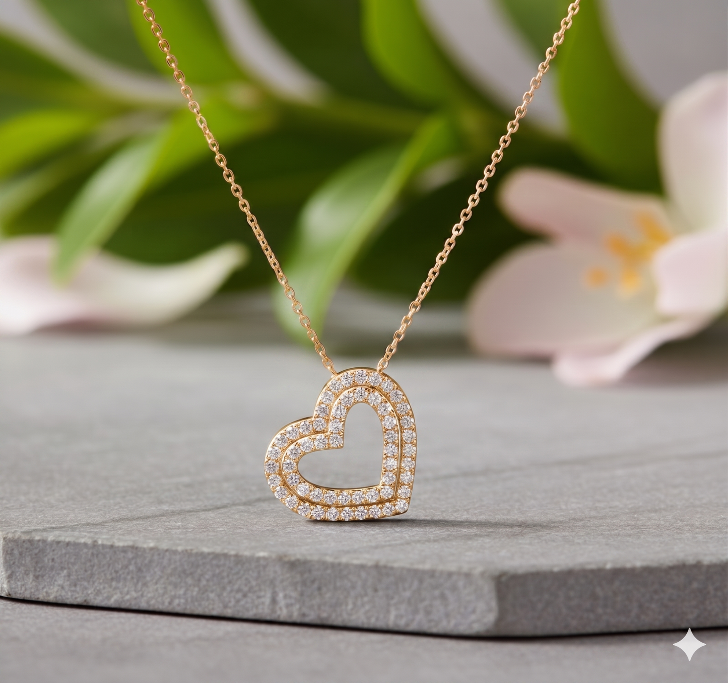 Double Layer Pavé Diamond Heart Station Pendant Necklace