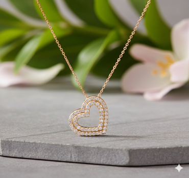 Double Layer Pavé Diamond Heart Station Pendant Necklace
