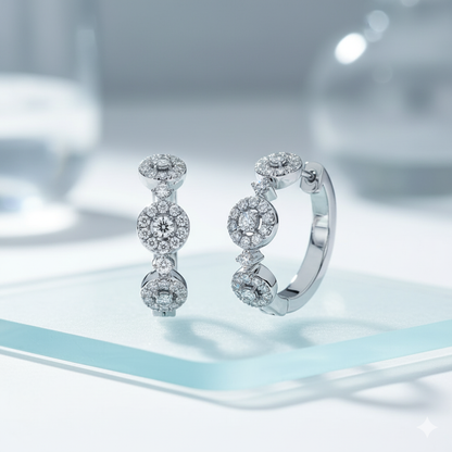 Triple Round Cluster Halo Diamond Huggie Hoop Earrings