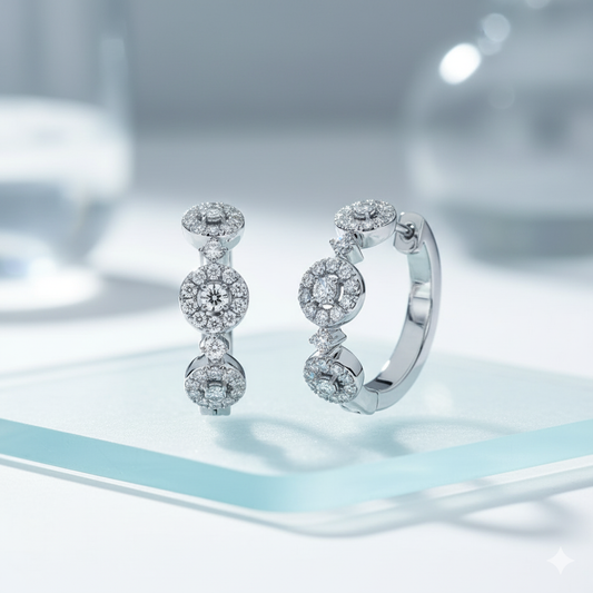 Triple Round Cluster Halo Diamond Huggie Hoop Earrings