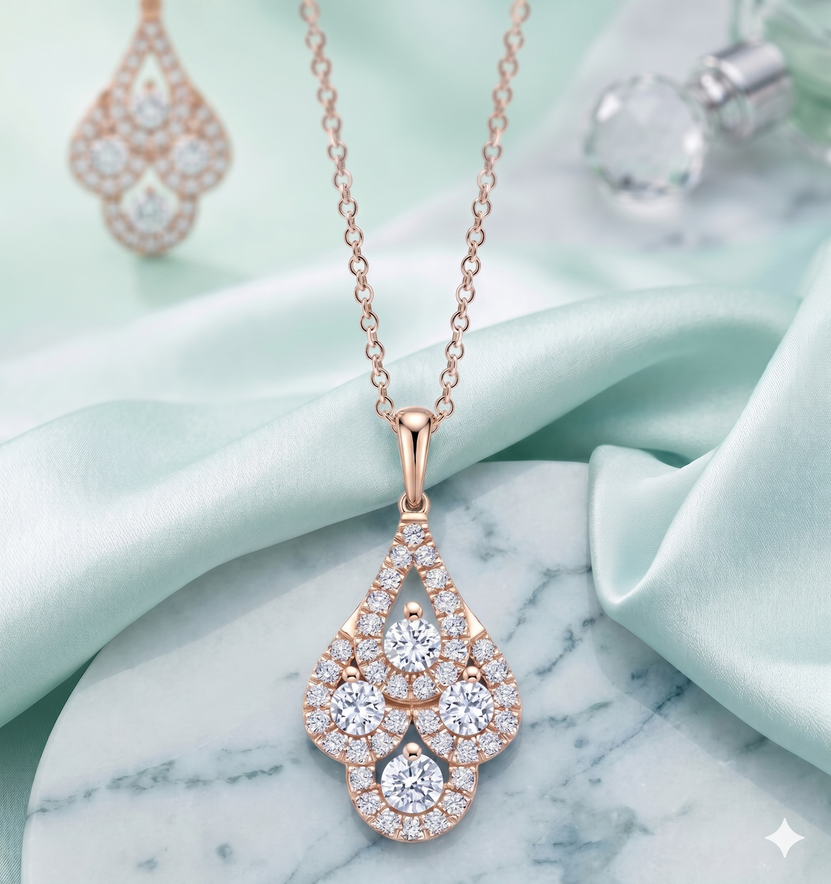 Art Deco Four-Stone Cluster Halo Teardrop Pendant Necklace