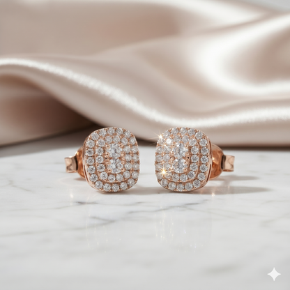 Cushion Cut Oblong Diamond Double Halo Stud Earrings