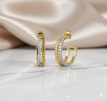 Ribbed Dual Row Diamond J-Hoop Stud Earrings