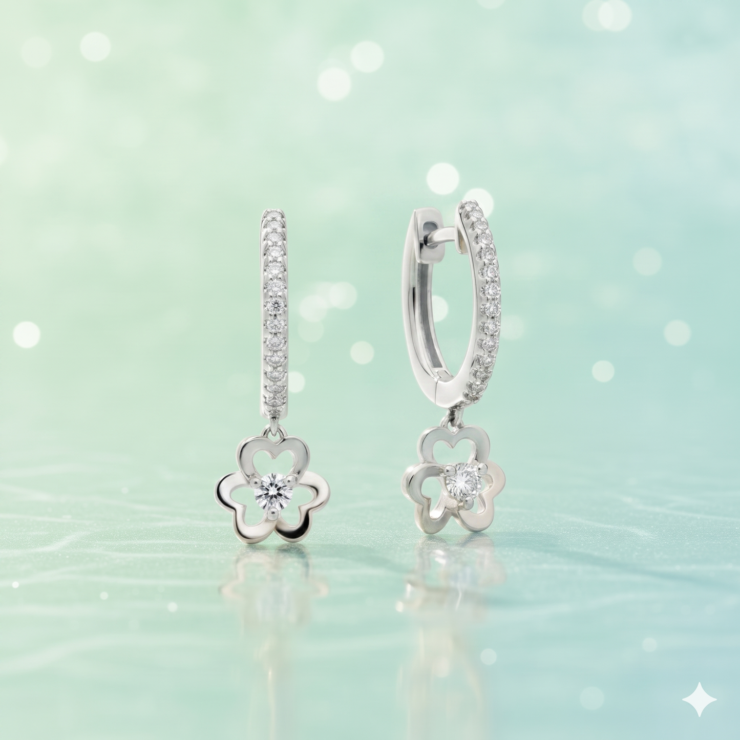 Flower Clover Diamond Drop Huggie Hoop Earrings