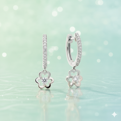 Flower Clover Diamond Drop Huggie Hoop Earrings