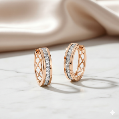 Lattice Openwork Channel Set Diamond Huggie Hoop Earrings