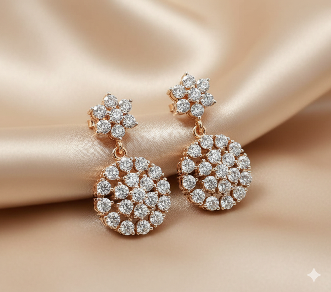Floral Cluster Openwork Round Diamond Drop Earrings