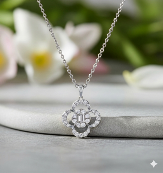 Clover Openwork Diamond Halo Pendant Necklace