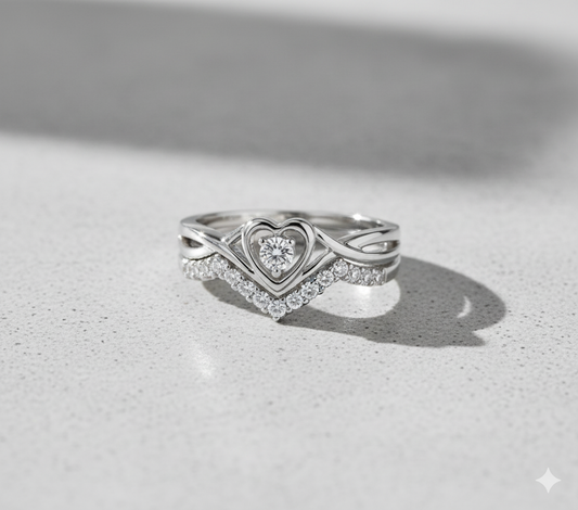 Heart Solitaire Ring with Matching Curved V-Shape Pavé Diamond Wedding Band Set