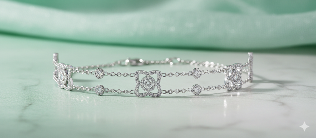 Quatrefoil Clover Double Chain Diamond Station Bracelet