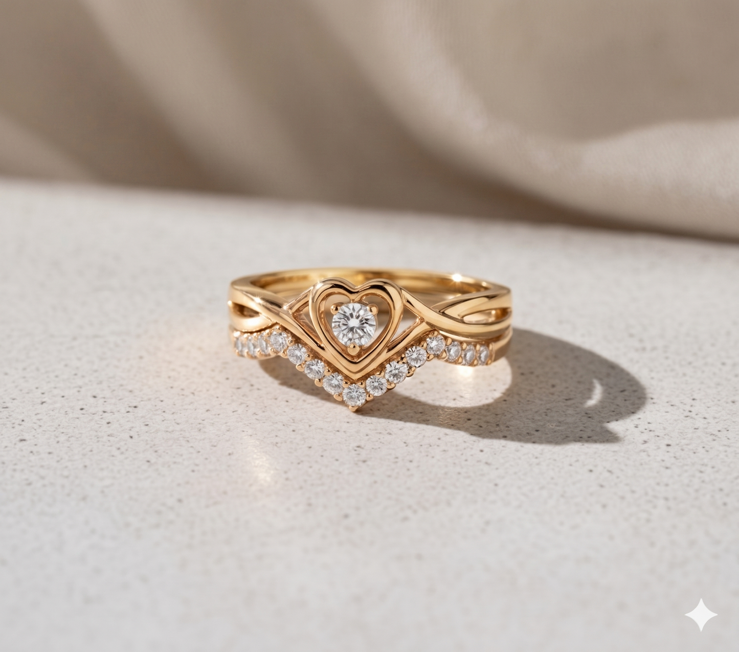 Heart Solitaire Ring with Matching Curved V-Shape Pavé Diamond Wedding Band Set