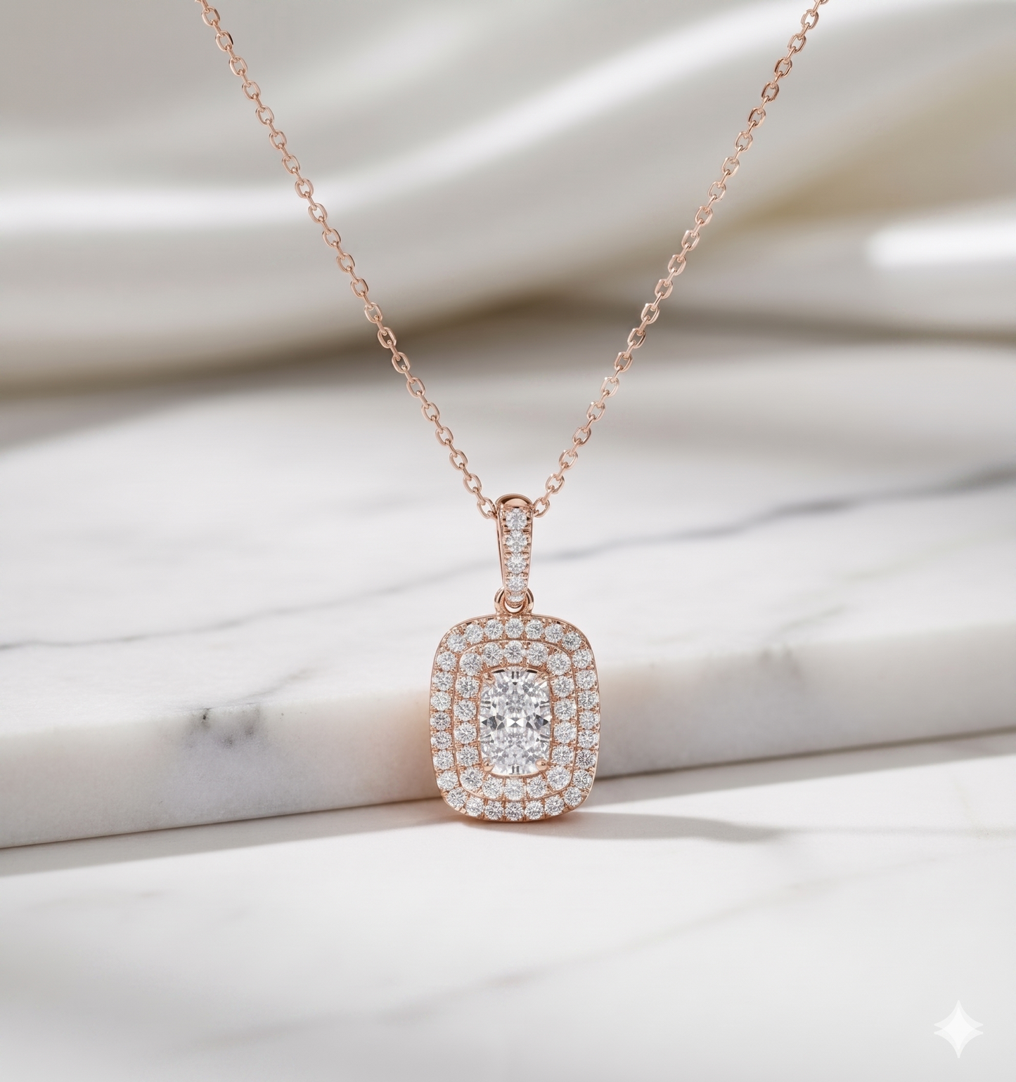 Illusion Cushion Double Halo Pavé Diamond Pendant Necklace