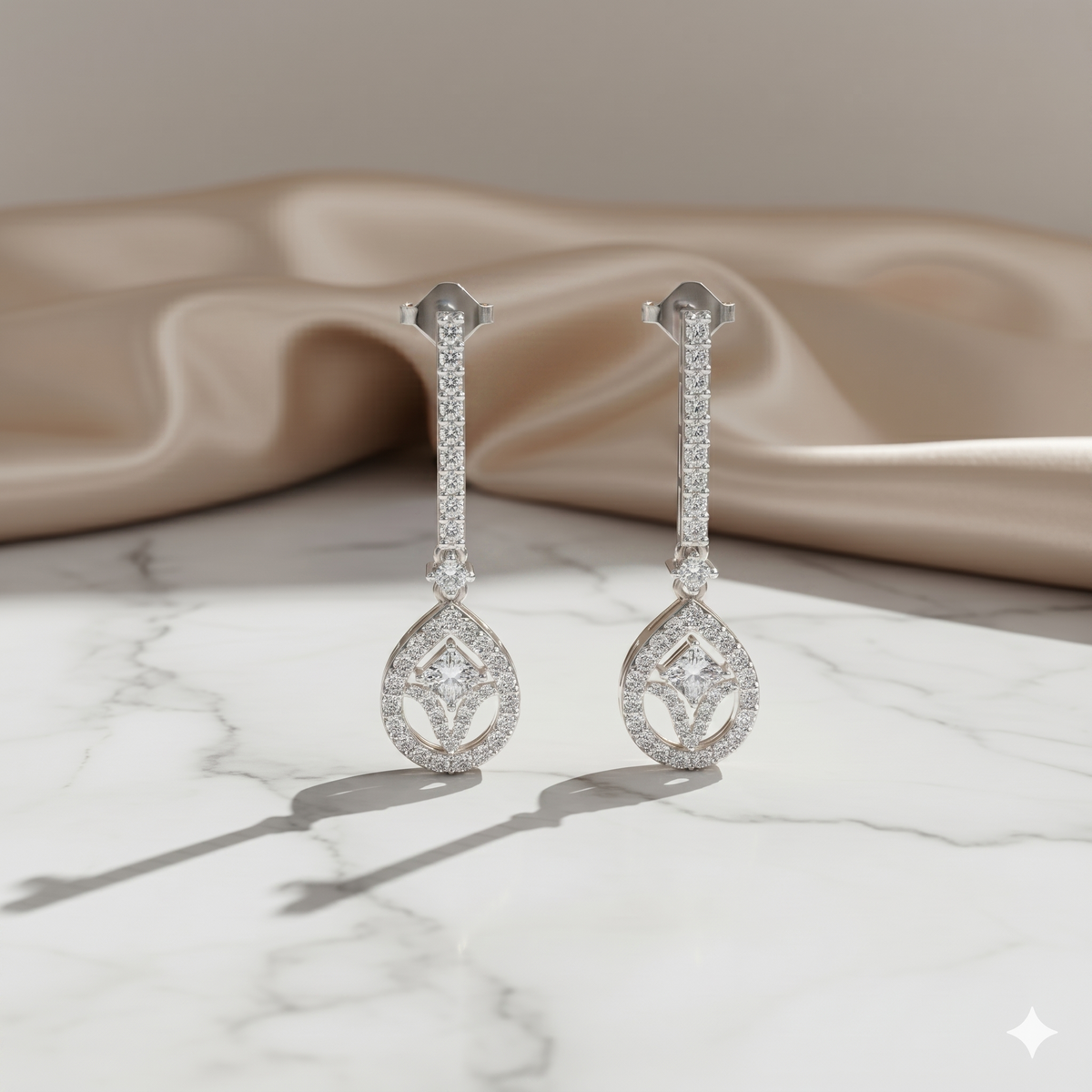 Teardrop Diamond Halo Linear Drop Earrings