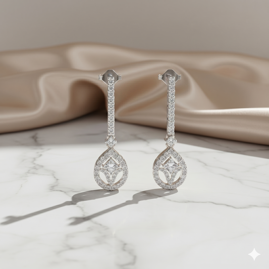 Teardrop Diamond Halo Linear Drop Earrings