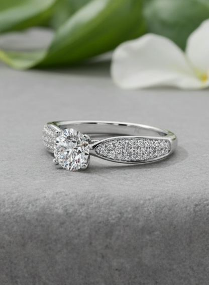 Round Brilliant Cut Diamond Pavé Dome Tapered Engagement Ring