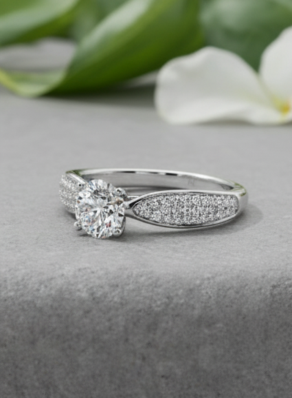 Round Brilliant Cut Diamond Pavé Dome Tapered Engagement Ring
