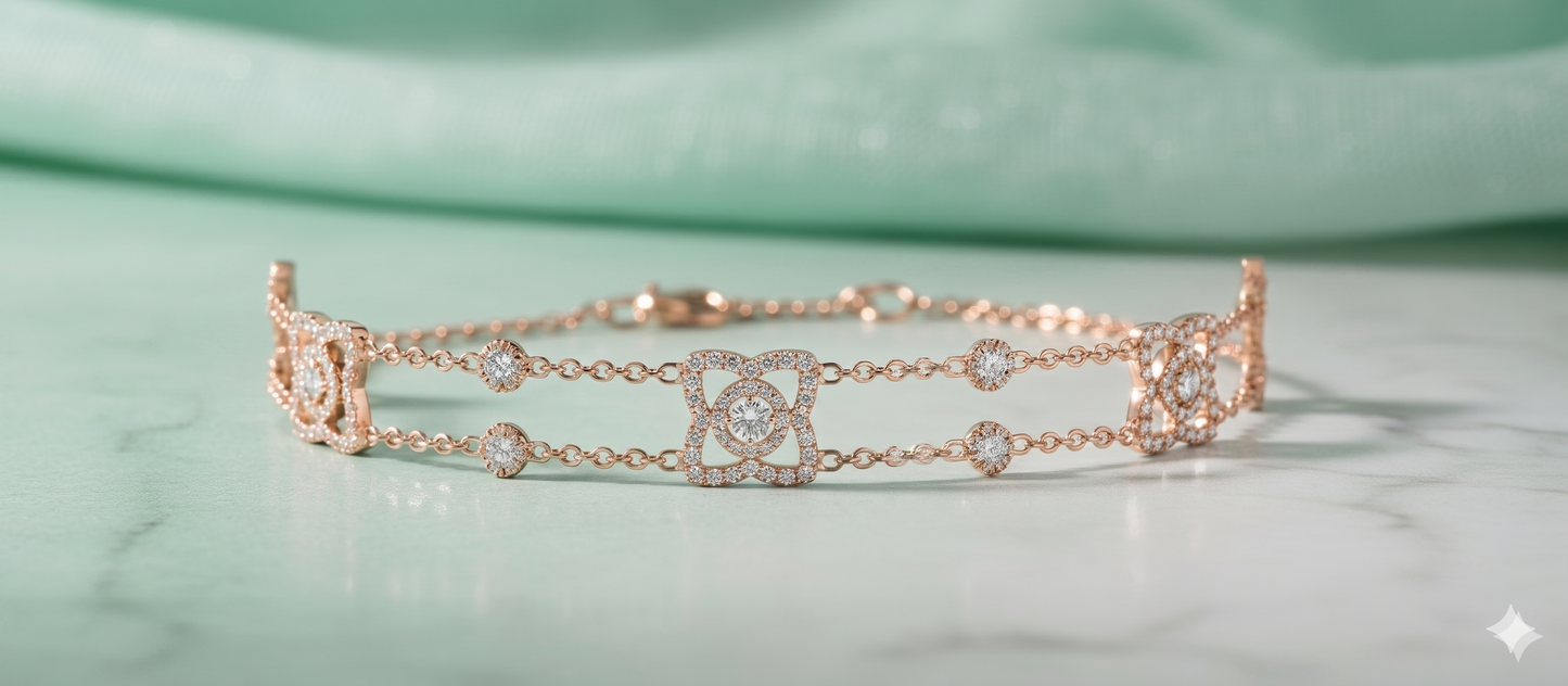 Quatrefoil Clover Double Chain Diamond Station Bracelet