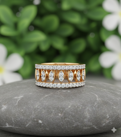Wide Openwork Multi-Row Marquise Cluster and Pavé Diamond Statement Cigar Band Ring