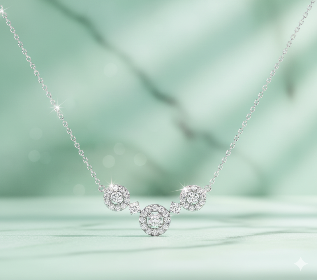 Three-Station Cluster Halo Diamond Curved Smile Necklace