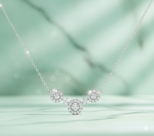 Three-Station Cluster Halo Diamond Curved Smile Necklace
